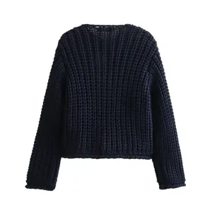 Damen grobgestrickte Strickjacke einfarbig langarm kurzer Pullover Oberteil Hauptansicht