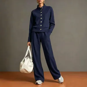 Detailed view of the navy blue stand-collar cardigan sweatshirt and wide-leg pants outfit set.