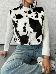 Women fashion cow print fluffy fleece zip up vest jacket casual winter outerwear detail.