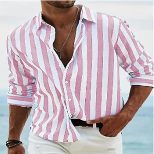 Men's long sleeve striped lapel shirt detail view, casual outdoor beach style design.