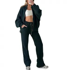 Dark green zip-up hoodie and sweatpants tracksuit set main view showing casual wear.