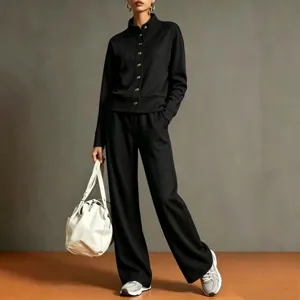 Black stand-collar cardigan and wide-leg pants set detail view showcasing fabric texture.
