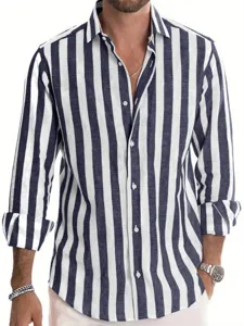 Close-up detail of the classic blue and white striped long sleeve shirt with lapel collar.