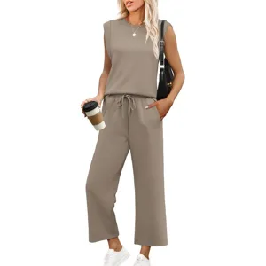 Ensemble Haut Et Bas Décontracté Sans Manches pour Femme Débardeur Col Rond Pantalon Jambe Large Costume Deux Pièces Été
