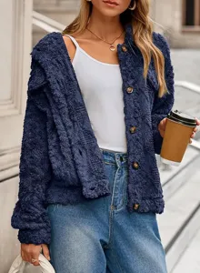 Detailed view of women's navy blue fleece button-up cardigan jacket, cozy and warm style.