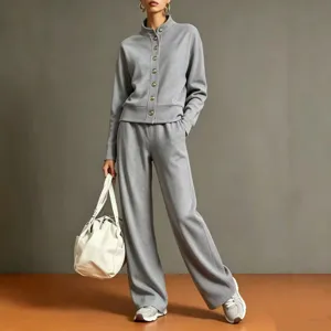 Grey stand collar sweatshirt and wide leg pants set detail shot for women casual wear