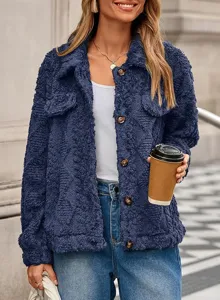 Womens lapel fleece cardigan long sleeve casual warm winter outerwear top coat style