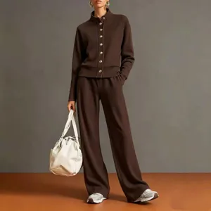 Brown stand collar cardigan and wide leg pants set detail view, casual chic daily wear outfit.