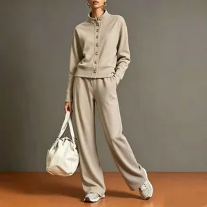Casual solid color stand collar cardigan sweatshirt and wide leg pants set for women daily wear.