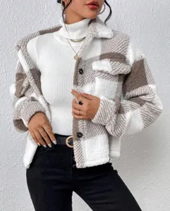 Women's casual plaid fleece cardigan coat with pockets, soft button down outerwear for winter.
