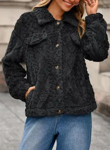 Women black fleece cardigan jacket detail view, cozy long sleeve fuzzy button down outerwear.