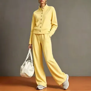 Detail view of the stylish solid color stand-collar cardigan sweatshirt and wide-leg pants set.