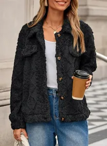 Close-up detail view of women black fleece button-up cardigan jacket with lapel and long sleeves.
