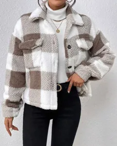Women brown white plaid fleece jacket button up sherpa winter warm outerwear casual coat