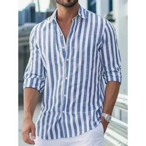 Men's Casual Long Sleeve Striped Turn-down Collar Shirt British Style Single-Breasted Cardigan Top For Men