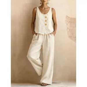 Femme Coton Lin Haut Et Bas Gilet Sans Manches Et Pantalon Large Élégant Tenue d'Été Couleur Unie