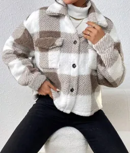 Women casual brown white plaid fuzzy fleece button up cardigan jacket with patch pockets detail.
