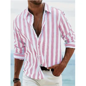 Fashion Mens Long Sleeve Striped Lapel Shirt Casual Beach Spring Autumn Button Top