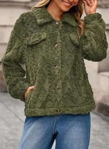 Close-up detail of green fuzzy fleece jacket featuring lapel collar, buttons, and textured pattern.