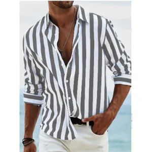 Mens long sleeve striped lapel shirt casual button down shirt for spring and autumn