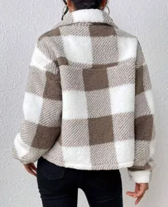 Back detail view of brown and white plaid fuzzy fleece jacket with lapel collar and soft texture.
