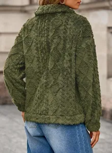 Detail shot of women's dark green lapel fleece cardigan jacket, casual warm teddy coat.