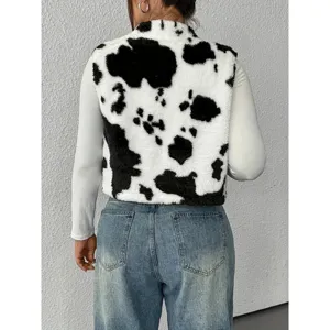 Women cow print fuzzy vest fluffy sleeveless winter outerwear casual warm coat fashion top