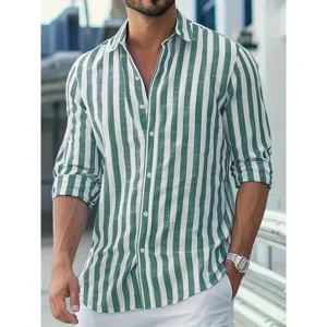 Men's green and white striped long sleeve lapel shirt, casual spring fashion main item.