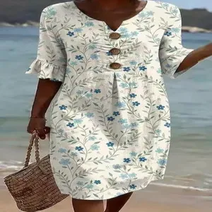 Casual V-neck floral print midi dress for women, half sleeve vacation resort beach dress.