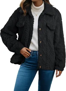 Womens black fuzzy fleece lapel button cardigan jacket warm winter casual outerwear detail