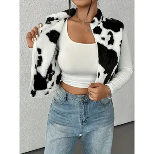 Women cow print fuzzy zip up cropped jacket autumn winter casual fluffy outerwear top
