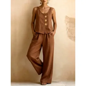Ensemble deux pièces en lin femme haut sans manches pantalon large style décontracté