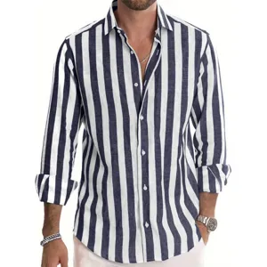 Men's blue and white vertical striped long sleeve button down shirt casual turn down collar