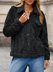 Women casual black lapel fuzzy plush cardigan jacket, cozy long sleeve warm winter outerwear.