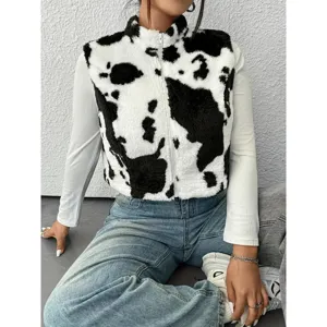 Women's winter cow print fleece zip up vest casual sleeveless fuzzy outerwear jacket
