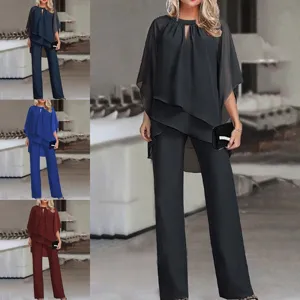 Women Fashion Casual Irregular Batwing Sleeve Two Piece Pants Set Autumn Elegant View
