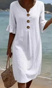 Women Summer Beach Casual White Dress V-Neck Half Sleeve Loose Cotton Linen Midi Dress