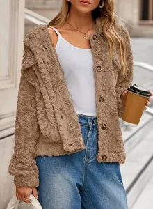 Close-up detail shot of the stylish brown teddy fleece cardigan showcasing cozy fuzzy texture.
