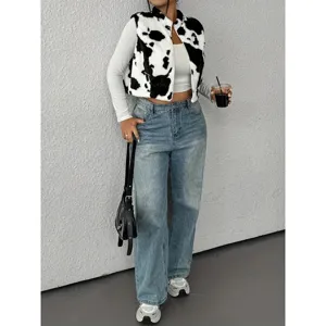 Women cow print faux fur zip vest coat, autumn winter trendy sleeveless outerwear top.