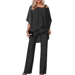 Stylish women casual two piece set featuring irregular batwing sleeve top and matching pants.