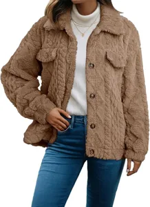 Detail view of women's cozy fleece lapel button-up long sleeve jacket in camel brown color.