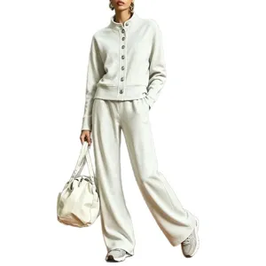 Casual two piece outfit women stand collar cardigan sweatshirt and wide leg pants daily wear style