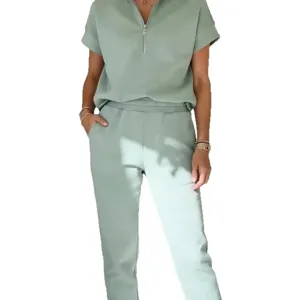 Set di pantaloni casual a due pezzi felpa manica corta mezza zip estiva da donna verde