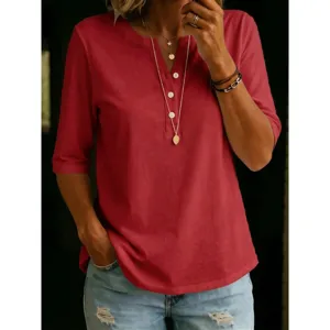 Women solid color V-neck half sleeve top casual summer basic t-shirt for daily wear