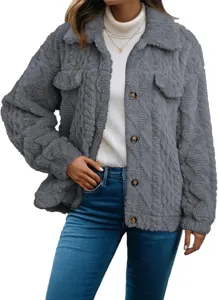 Women fuzzy sherpa fleece cardigan lapel long sleeve casual warm coat winter outerwear.