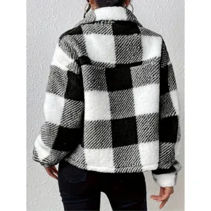 Women black white plaid sherpa jacket cozy fleece button cardigan winter outerwear back view