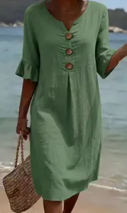Women green v-neck linen dress casual half sleeve holiday beach midi dress new style