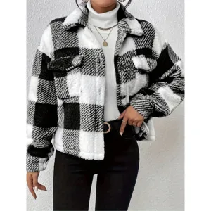 Black and white plaid sherpa jacket women fleece button down shacket casual warm winter coat