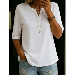 Women solid color short sleeve henley t-shirt casual summer basic casual top regular fit