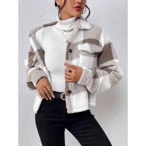 Women's brown white plaid fuzzy sherpa jacket button down cozy winter outerwear top